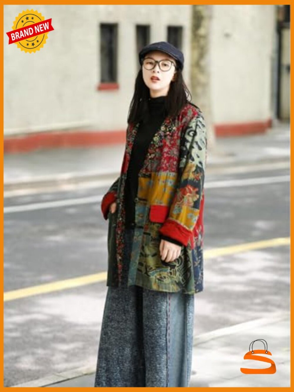 Patchwork Duster Coat, Handmade Frog Button Cotton Linen Bohemian Blazer - Picture 3 of 7